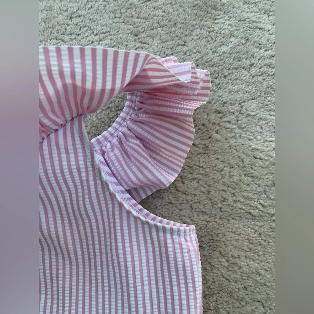 RuffleButts Size 8 Fancy Me Floral Two Piece Ruffle Seersucker Tankini Swimsuit
